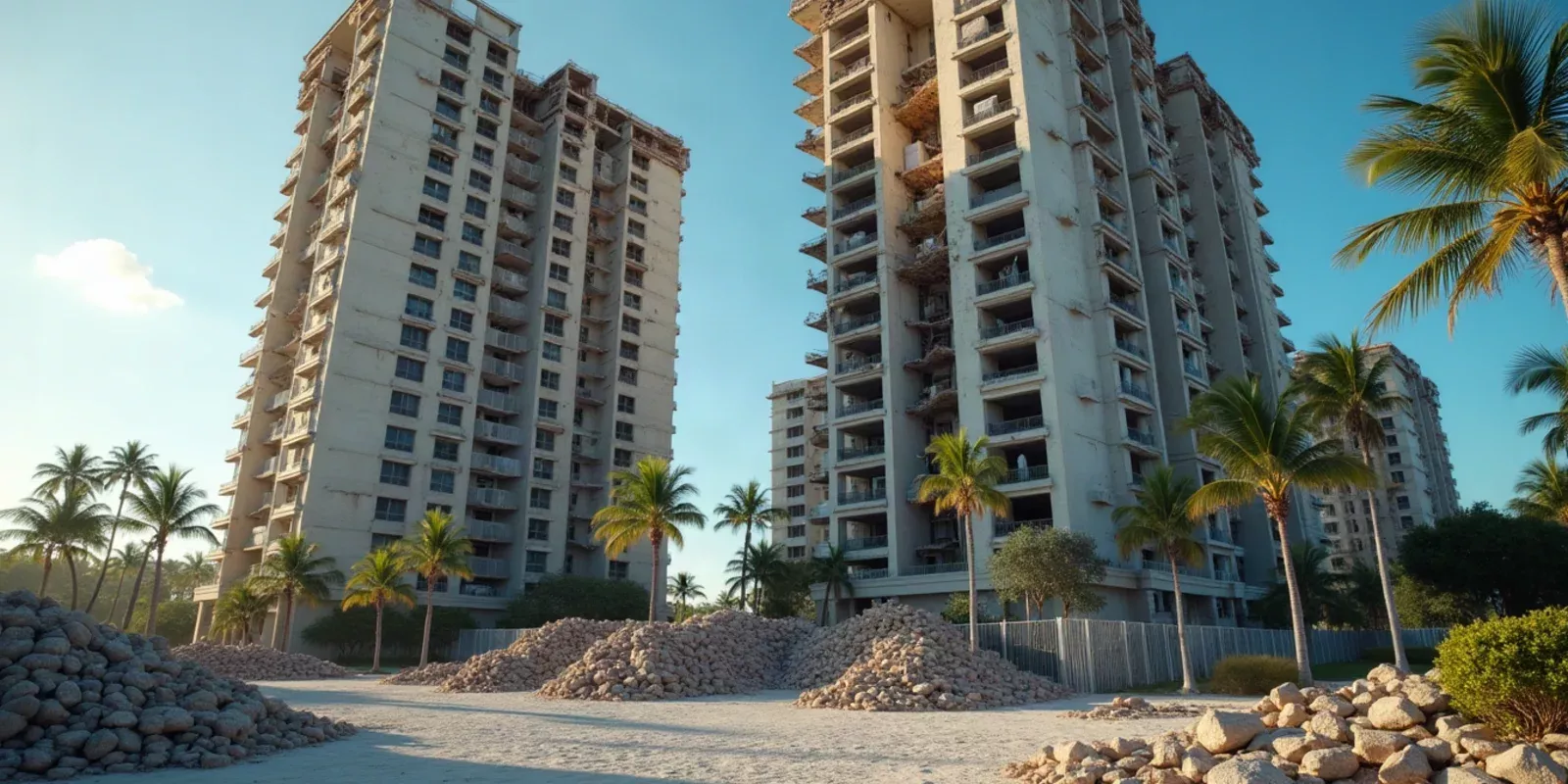 Edificio de condominios en Florida con andamios e ingenieros revisando planos, concepto de assessments especiales y reservas 2026