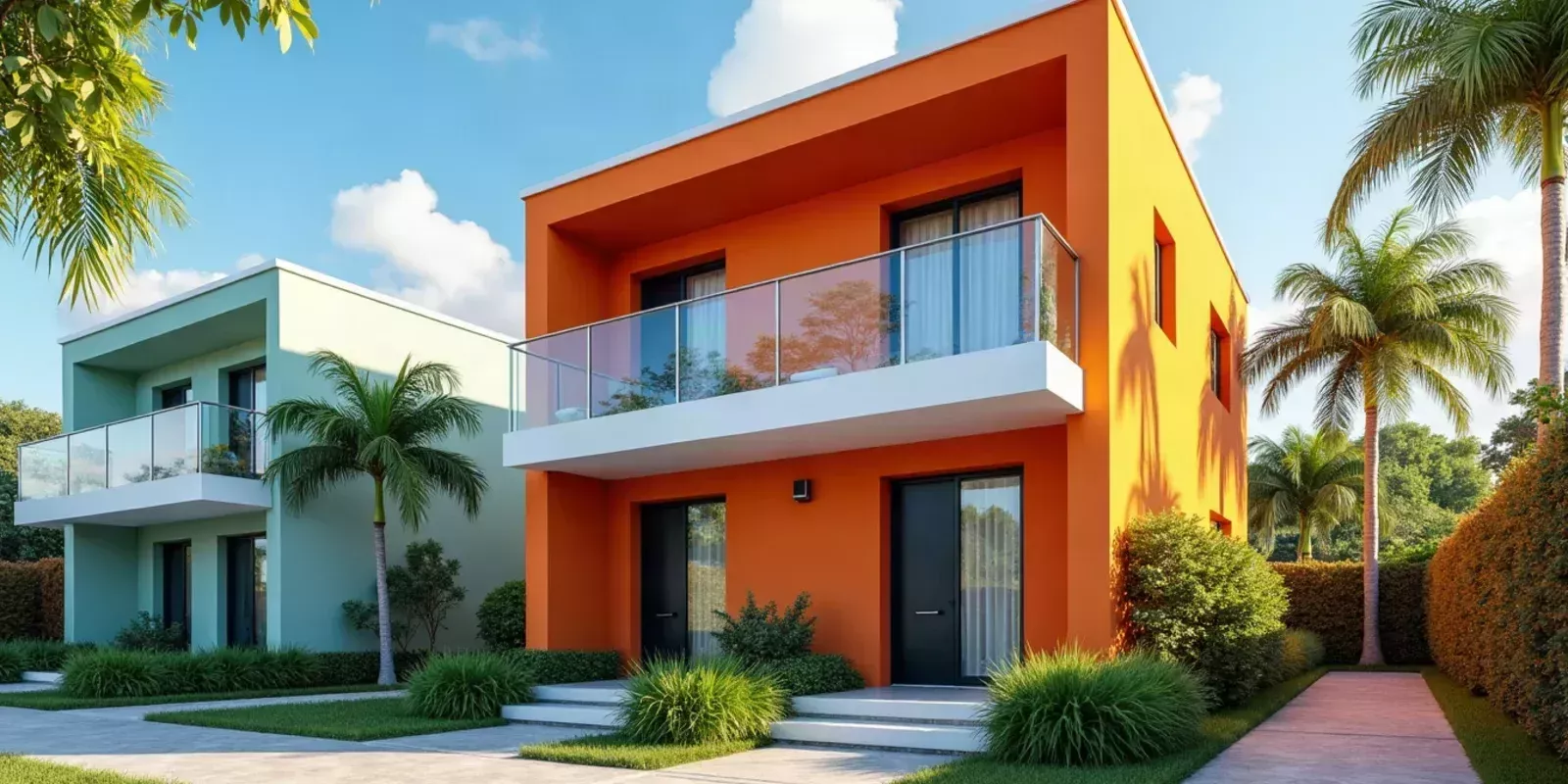 Dúplex en Miami con dos entradas y jardín tropical con palmeras