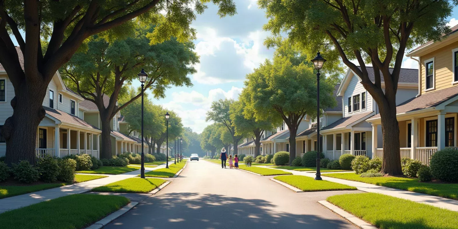 Calle suburbana arbolada con casas y un lago al atardecer en Plantation, Florida